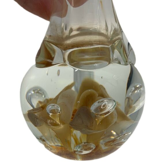 Signed Joe St Clair Bud Vase Glass Controlled Bubble Tan Floral Paperweight Vtg - Picture 5 of 5